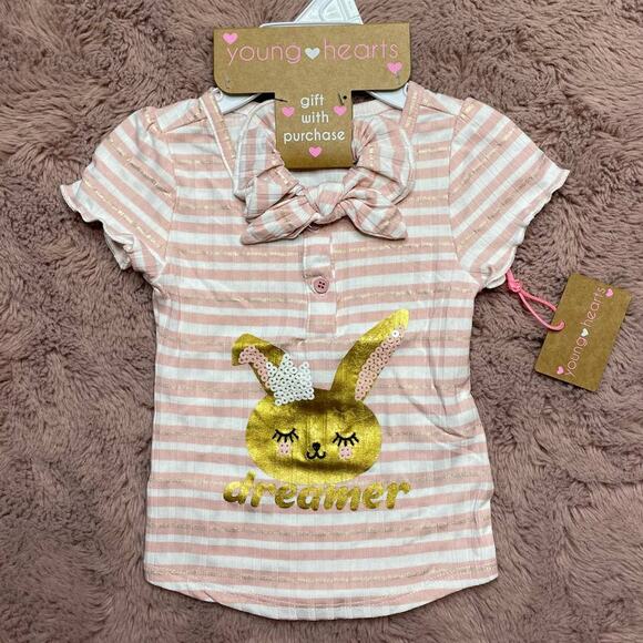 Young Hearts Easter Bunny Pink and White Striped T-Shirt Baby Girl size 2T - Picture 1 of 3
